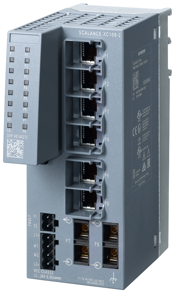 Siemens SCALANCE XC106-2; 6 x 10/100 Mbit/s RJ45 porter + 2 x 100 Mbit/s SC-port multimode