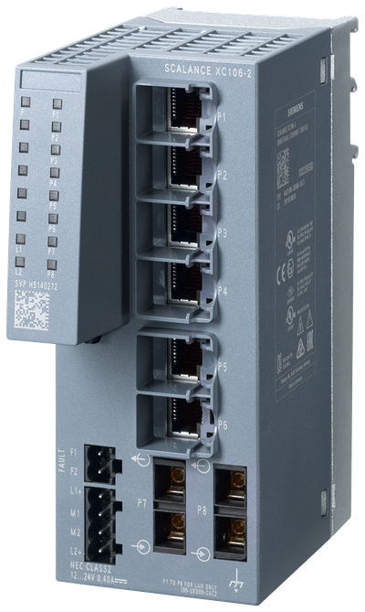 Siemens SCALANCE XC106-2; 6 x 10/100 Mbit/s RJ45 porter + 2 x 100 Mbit/s SC-port multimode
