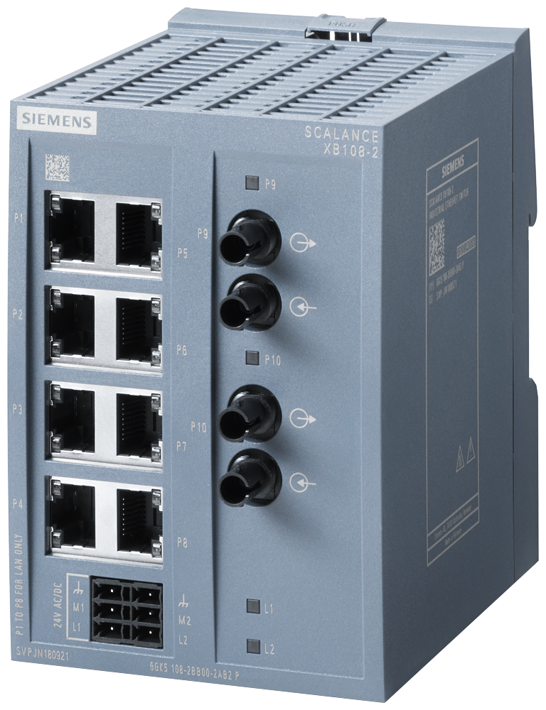 Siemens SCALANCE XB108-2; 8 x 10/100 Mbit/s RJ45 porter + 2 x 100 Mbit/s ST-port multimode