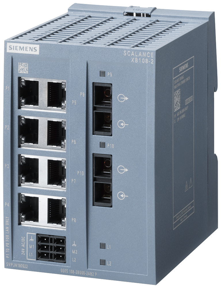 Siemens SCALANCE XB108-2; 8 x 10/100 Mbit/s RJ45 porter + 2 x 100 Mbit/s SC-port multimode