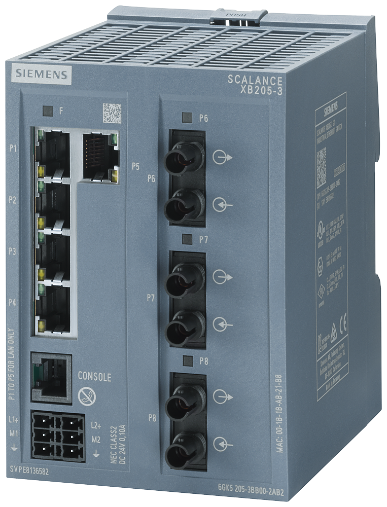 Siemens SCALANCE XB205-3; 5 x 10/100 Mbit/s RJ45 porter + 3 x ST-port multimode