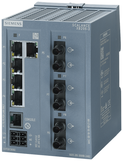 Siemens SCALANCE XB205-3; 5 x 10/100 Mbit/s RJ45 porter + 3 x ST-port multimode