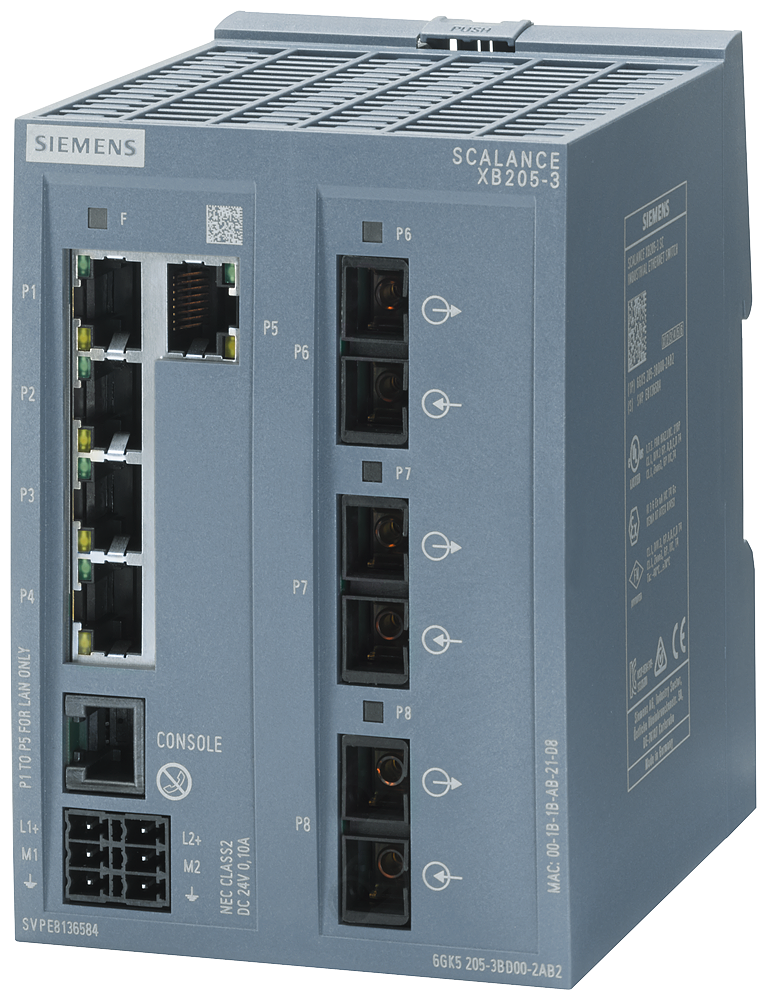 Siemens SCALANCE XB205-3; 5 x 10/100 Mbit/s RJ45 porter + 3 SC-port multimode