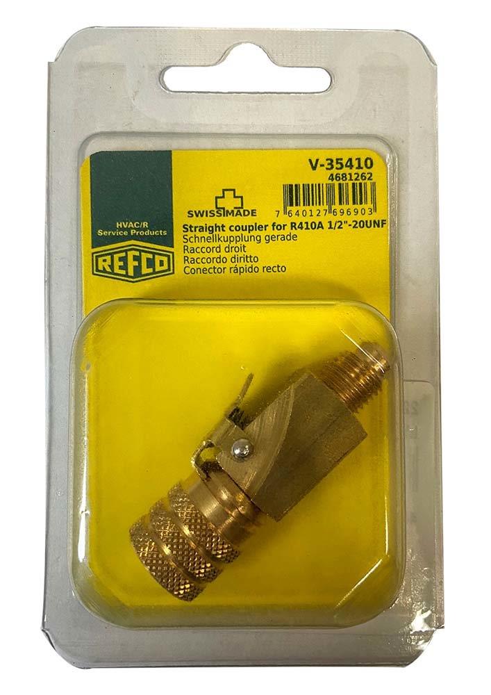 Refco Quick Coupling - 1/4" flare external, 1/2"-20 flare internal., R410A, 180°, V-35410