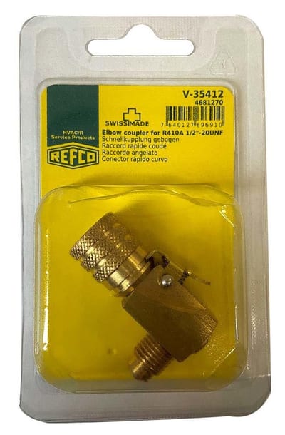 Refco Quick Coupling - 1/4" flare external, 1/2"-20 flare internal., R410A, 90°, V-35412