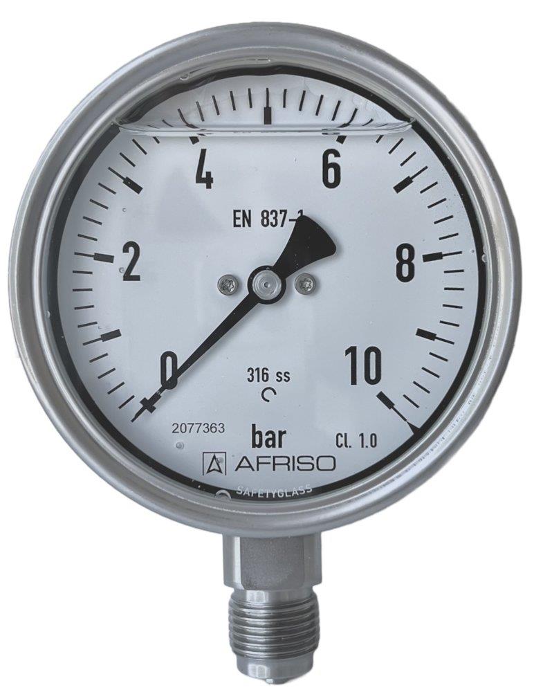 Stainless Glycerin-Filled Manometer, Downward Spigot - 1/2", 100mm, 0-6 bar