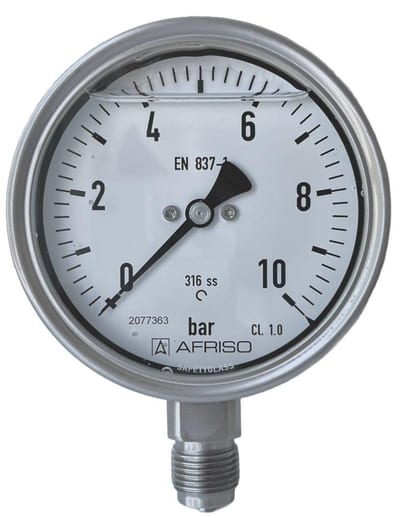 Stainless Glycerin-Filled Manometer, Downward Spigot - 1/2", 100mm, 0-6 bar