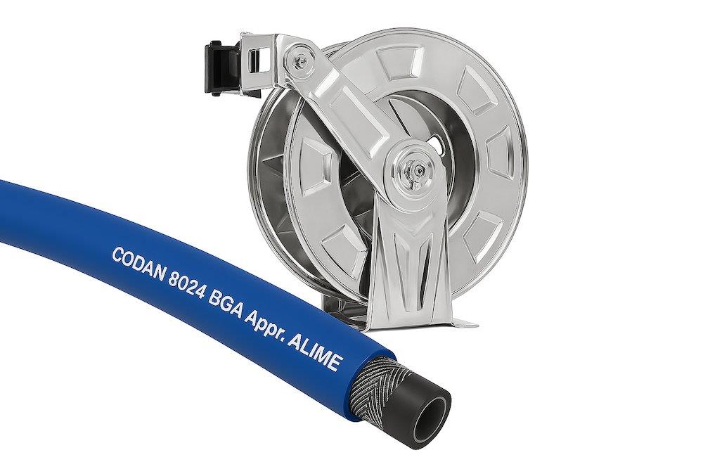stainless Hose Reel mounted with food hose - Water, food-grade, 20M, 3/4"