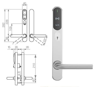 SALTO Scandinavian Long Plate internal mounting, external cylinder hole, GAIN SM454L00IMB38G - XS4 Original+, Mifare/DESfire/NFC/BLE/HSE, SALTO SPACE, SALTO KS, SALTO HOMELOK