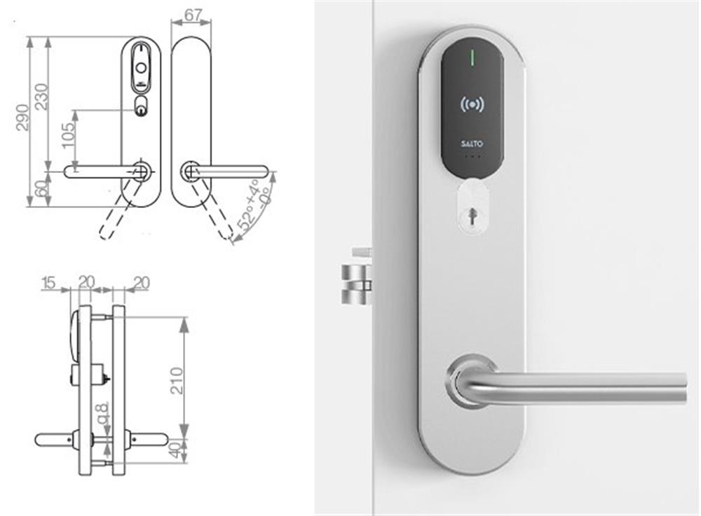 SALTO Scandinavian Long Plate internal mounting, external cylinder hole, wide model SM654L05IMB38 - XS4 Original+, Mifare/DESfire/NFC/BLE/HSE, SALTO SPACE, SALTO KS, SALTO HOMELOK
