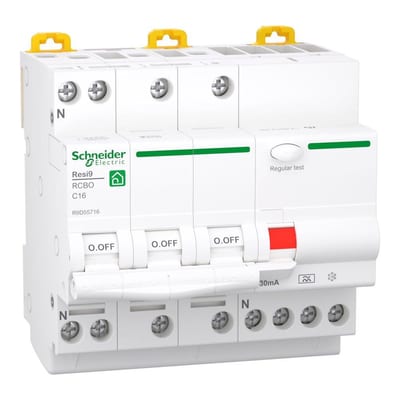 Schneider RESI9 XP RCBO Combination Switch - RESI9 XP, 16A, 3P + N, C