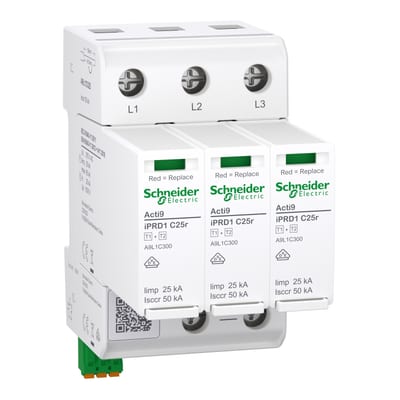 Schneider Electric A9L1C325 ACTI9 IPRD1 C25R Surge Arrester, Type 1+2, 3P, 275 V, 25 kA, Remote Signalling