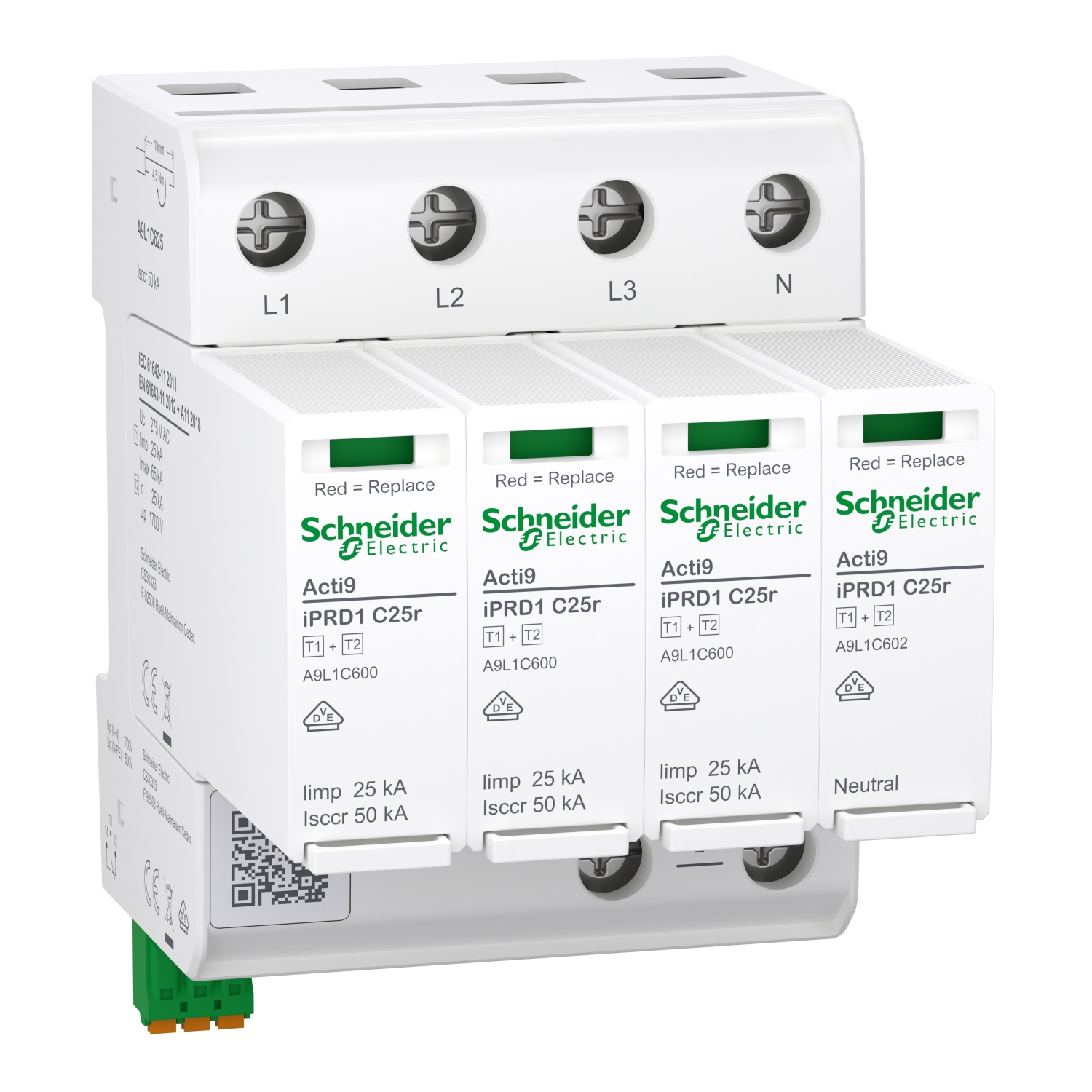 Schneider Electric A9L1C625 ACTI9 IPRD1 C25R Surge Arrester, Type 1+2, 3P+N, 275 V, 25 kA, Remote Signalling