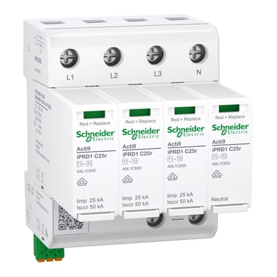 Schneider Electric A9L1C625 ACTI9 IPRD1 C25R Surge Arrester, Type 1+2, 3P+N, 275 V, 25 kA, Remote Signalling