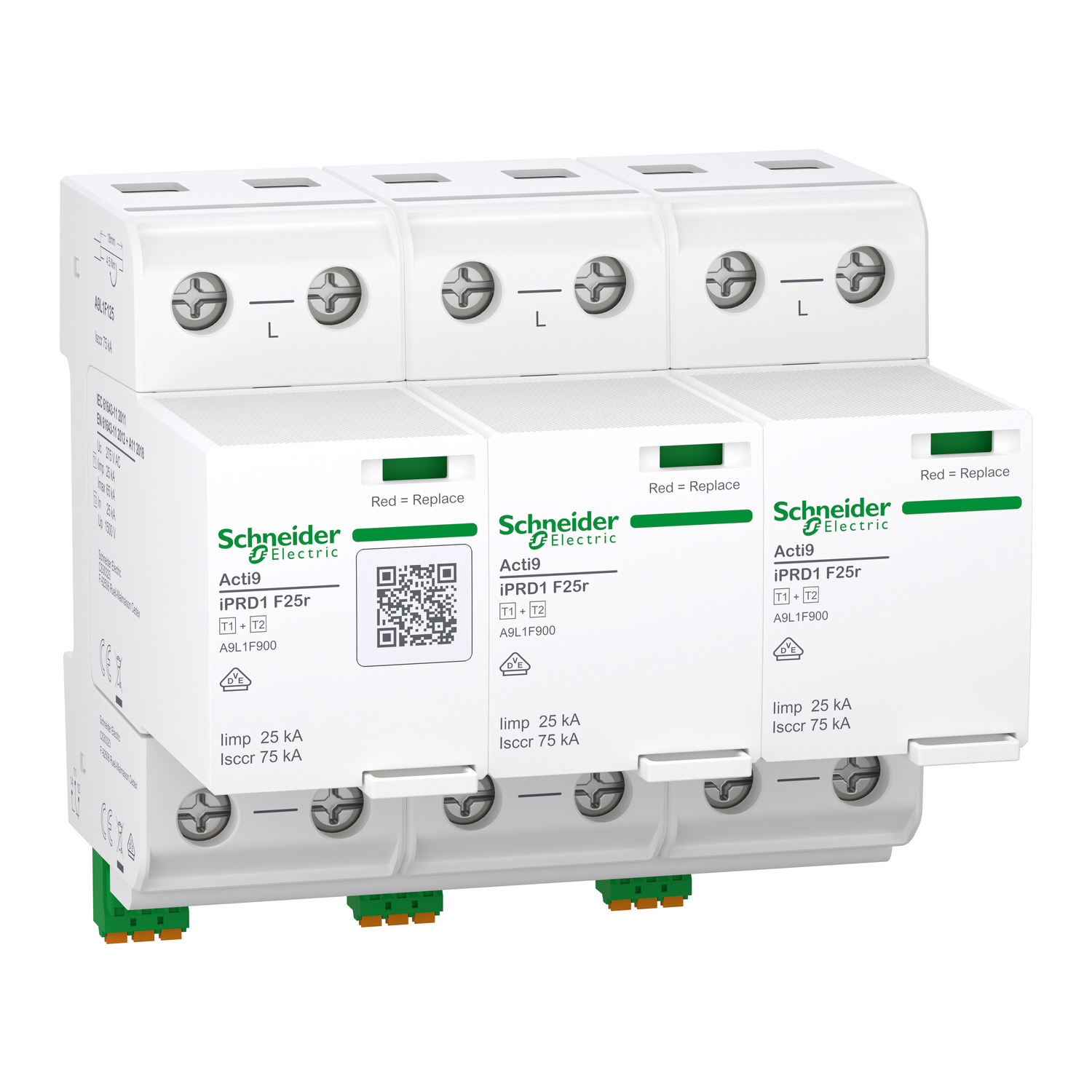 Schneider Electric A9L1F325 ACTI9 IPRD1 F25R Surge Arrester, Type 1+2, 3P, 275 V, 25 kA, Integrated Fuse, Remote Signalling