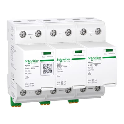 Schneider Electric A9L1F325 ACTI9 IPRD1 F25R Surge Arrester, Type 1+2, 3P, 275 V, 25 kA, Integrated Fuse, Remote Signalling
