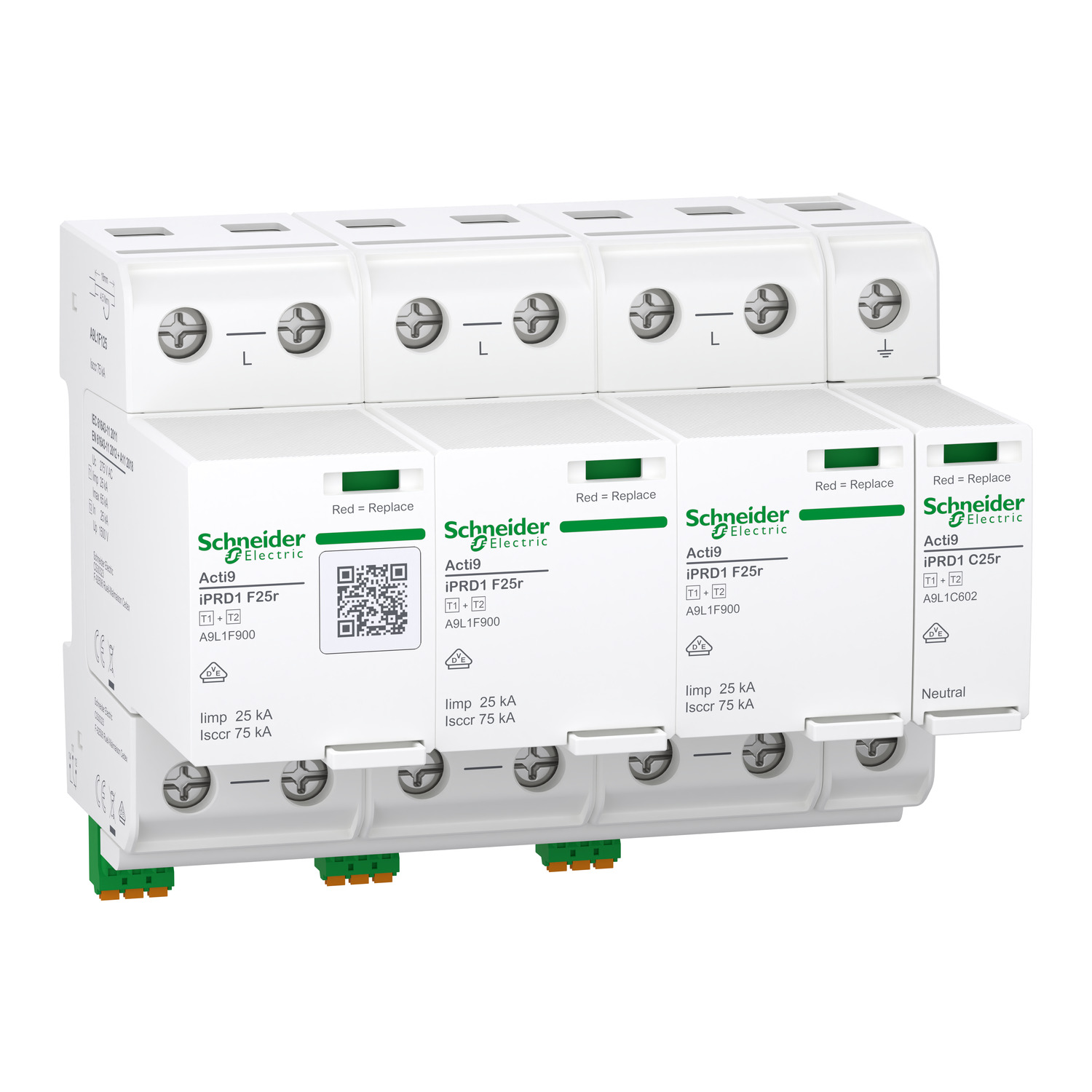 Schneider Electric A9L1F625 ACTI9 IPRD1 F25R Surge Arrester, Type 1+2, 3P+N, 275 V, 25 kA, Integrated Fuse, Remote Signalling