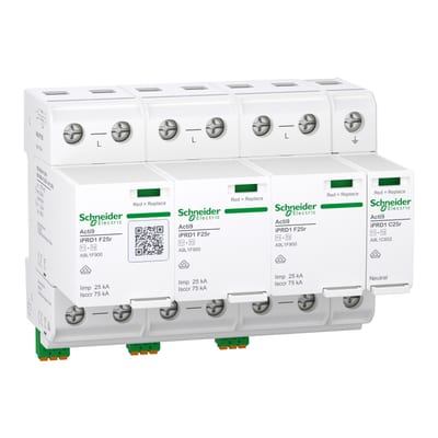 Schneider Electric A9L1F625 ACTI9 IPRD1 F25R Surge Arrester, Type 1+2, 3P+N, 275 V, 25 kA, Integrated Fuse, Remote Signalling