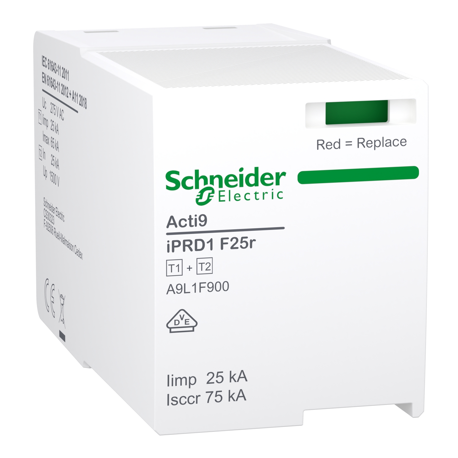 Schneider Electric A9L1F900 ACTI9 IPRD1 F25R Replacement Cartridge, Type 1+2, Phase (L-N), with Fuse