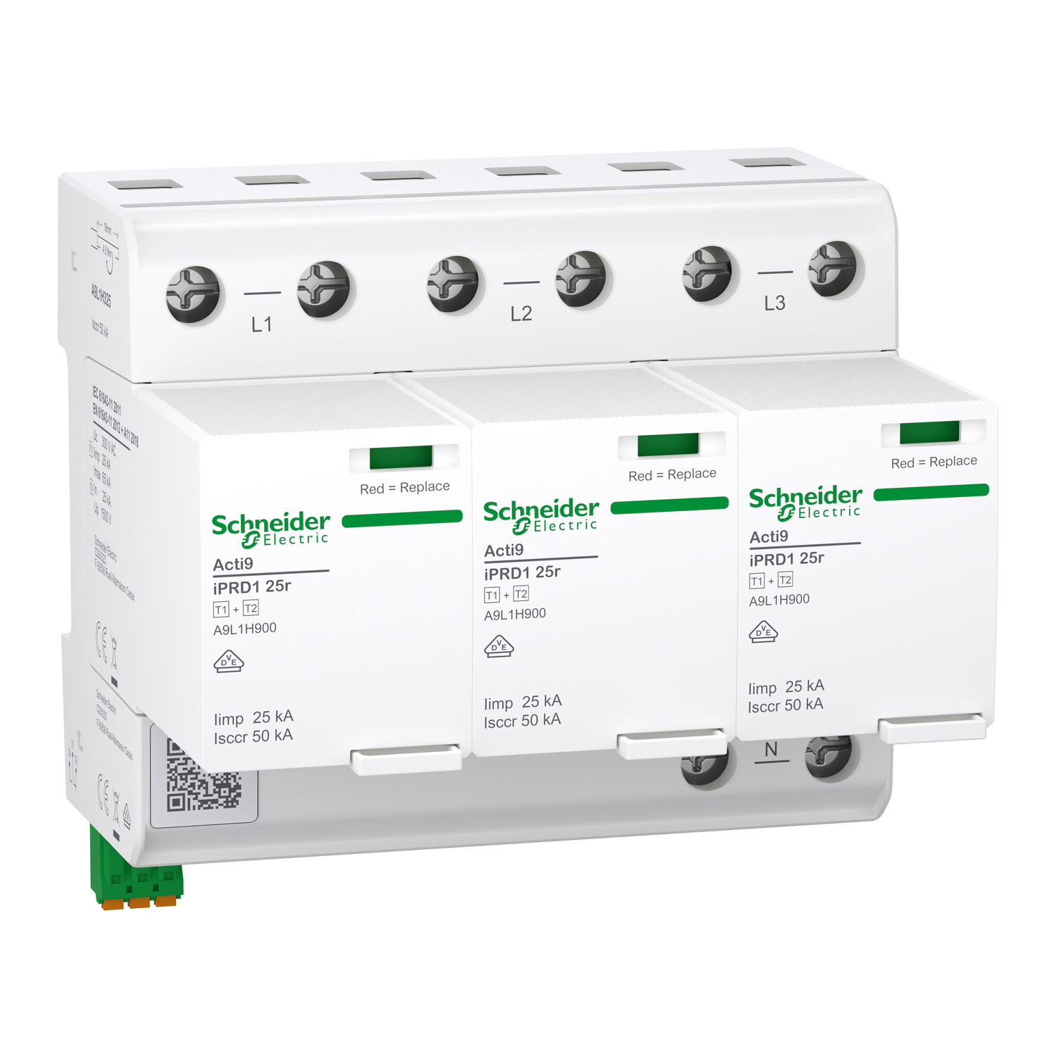 Schneider Electric A9L1H325 ACTI9 IPRD1 25R Surge Arrester, Type 1+2, 3P, 300 V, 25 kA, Remote Signalling