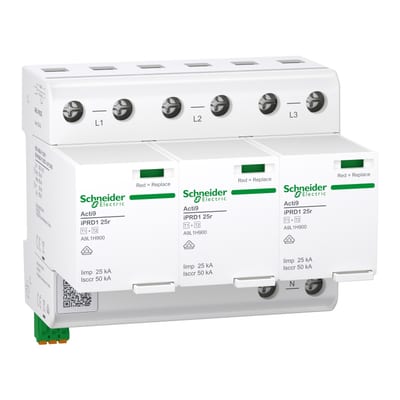 Schneider Electric A9L1H325 ACTI9 IPRD1 25R Surge Arrester, Type 1+2, 3P, 300 V, 25 kA, Remote Signalling
