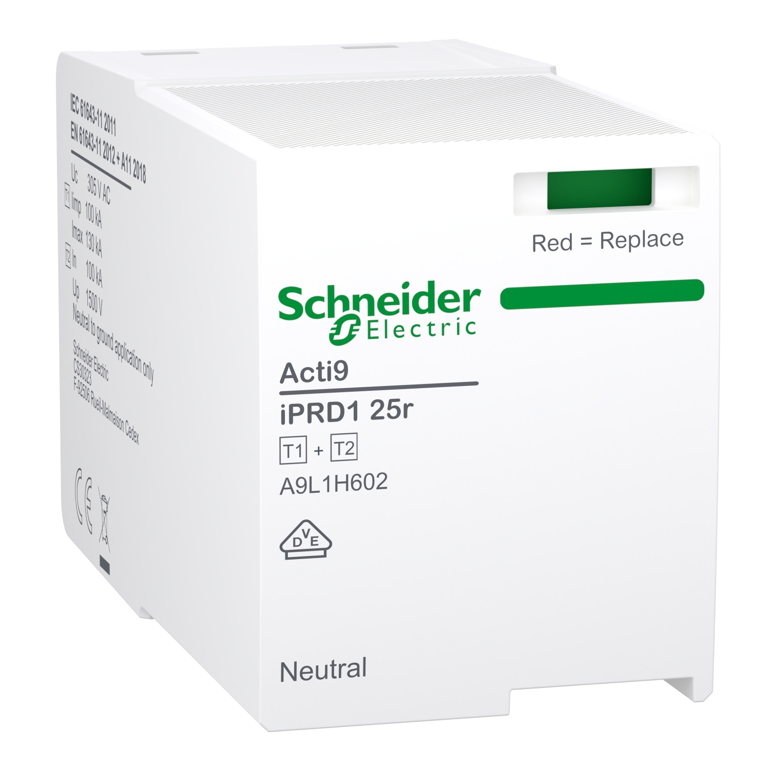 Schneider Electric A9L1H602 ACTI9 IPRD1 25R Replacement Cartridge, Type 1+2, Neutral-Earth (N-PE)