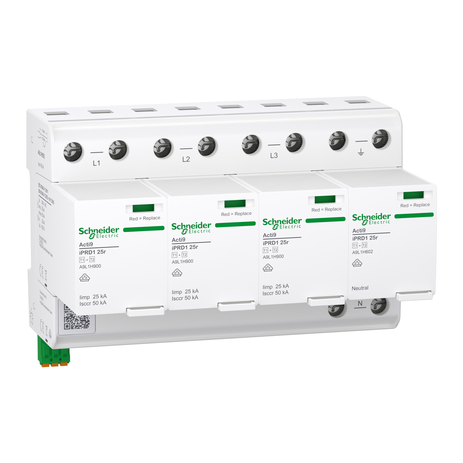 Schneider Electric A9L1H625 ACTI9 IPRD1 25R Surge Arrester, Type 1+2, 3P+N, 300 V, 25 kA, Remote Signalling