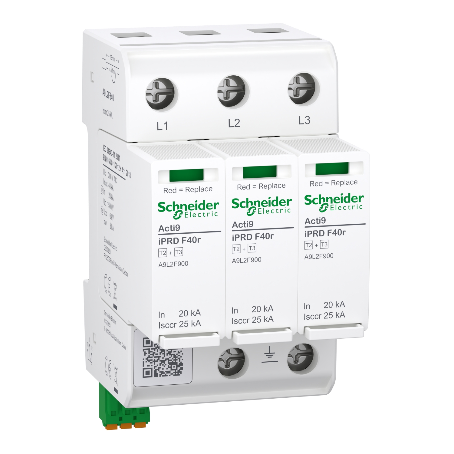 Schneider Electric Surge arrester with pluggable cartridge, ACTI9 iPRD F40R, 3P, 40KA, type 2+3, with fuse, with remote monitoring A9L2F340