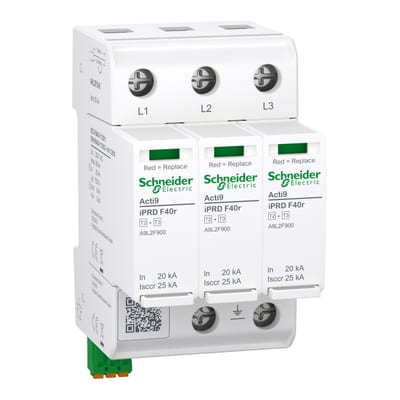 Schneider Electric Surge arrester with pluggable cartridge, ACTI9 iPRD F40R, 3P, 40KA, type 2+3, with fuse, with remote monitoring A9L2F340