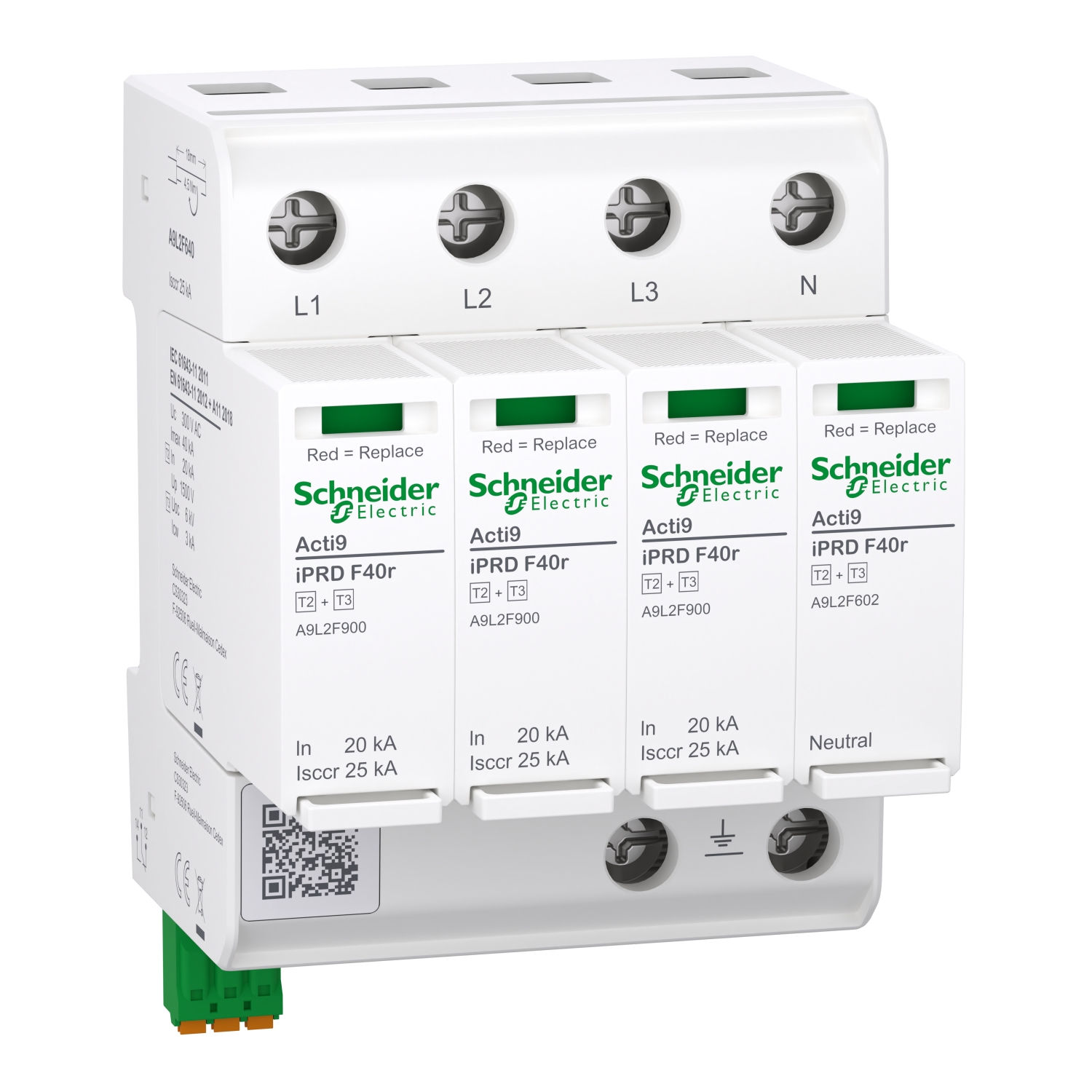 Schneider Electric Surge arrester with pluggable cartridge, ACTI9 iPRD F40R, 3P+N, 40KA, type 2+3, with fuse, with remote monitoring A9L2F640