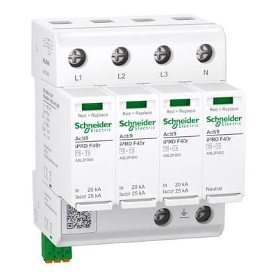 Schneider Electric Surge arrester with pluggable cartridge, ACTI9 iPRD F40R, 3P+N, 40KA, type 2+3, with fuse, with remote monitoring A9L2F640