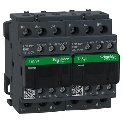 Schneider Electric LC2D25EHE TeSys Deca Reversing Contactor, 3-Pole 25 A AC-3, 48–130 V AC/DC Coil