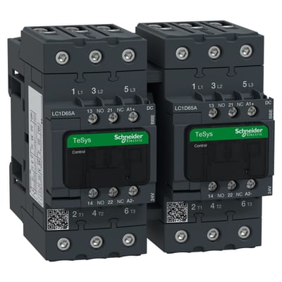 Schneider Electric LC2D65ABBE TeSys Deca Advanced Reversing Contactor, 3-Pole 65 A AC-3, EverLink, 24 V DC Coil