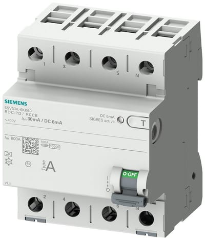 Siemens Sentron 5SV3 Residual current circuit breaker - 63A, 4P, A, 30MA 4001869601007