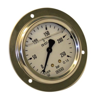 Wika Manometer with front flange glycerin-filled studs rear entry - 0bar, 400bar, G 1/4"